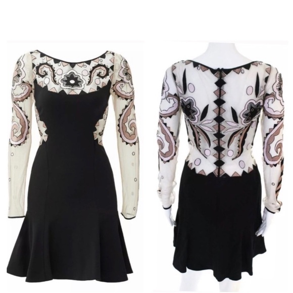 Temperley London Dresses & Skirts - Temperely London Mesh Open Back Long Sleeve Fit & Flare Mini Cocktail Dress
